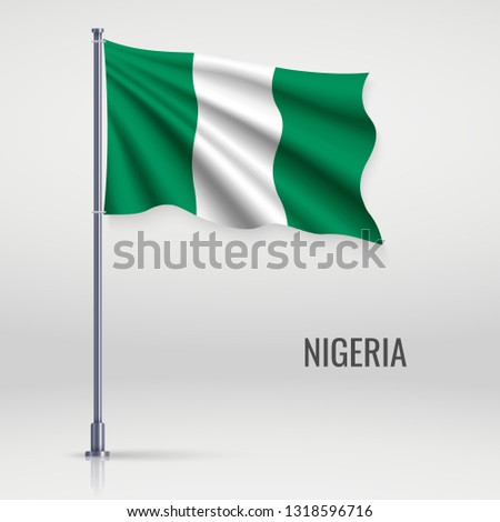 Waving flag of Nigeria on flagpole. Template for independence day poster design