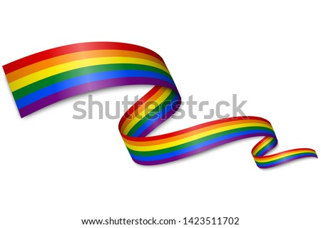 Waving ribbon or banner with flag of LGBT pride. Template for pride month poster design