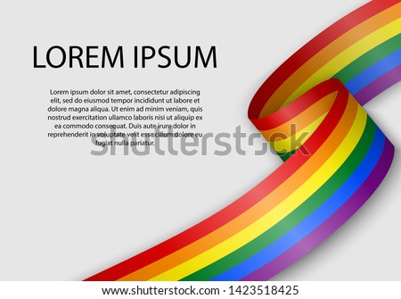 Waving ribbon or banner with flag of LGBT pride. Template for pride month poster design