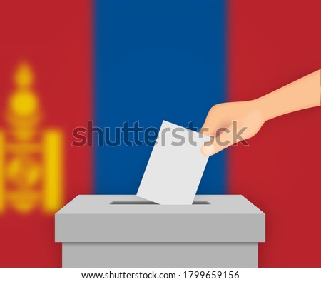 Mongolia vote election banner background. Ballot Box with blurred flag