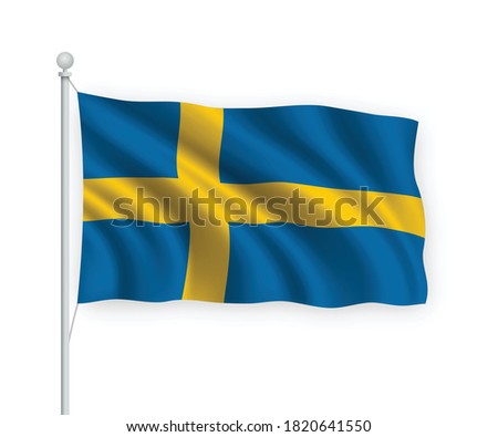 3d waving flag Sweden on flagpole Isolated on white background.