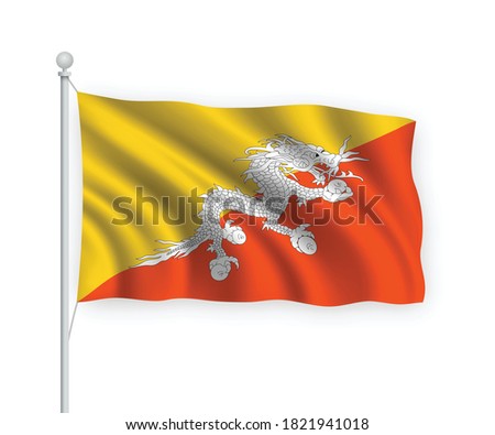 3d waving flag Bhutan on flagpole Isolated on white background.