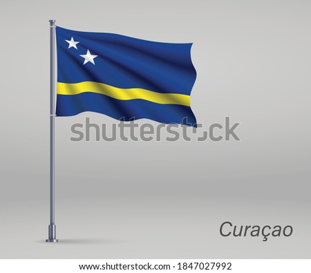 Waving flag of Curacao - province of Netherlands on flagpole. Template for independence 