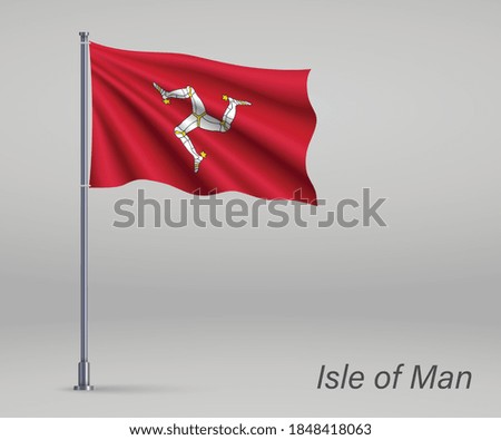 Waving flag of Isle of Man - territory of United Kingdom on flagpole. Template for independence day