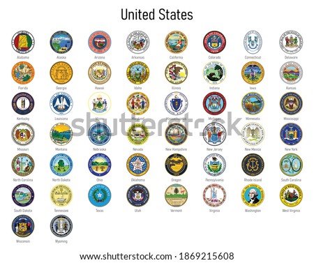 Set Coat of arms of the states of United States, All USA regions emblem collection