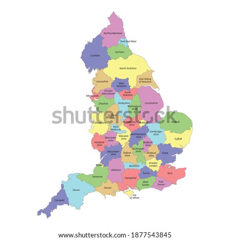 High quality colorful labeled map of England with borders of the counties