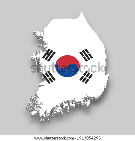 3d isometric Map of South Korea with national flag. Vector Illustration.