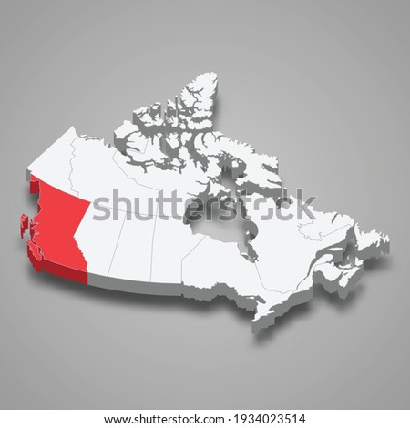 British Columbia region location within Canada 3d isometric map