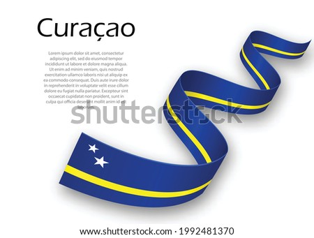 Waving ribbon or banner with flag of Curacao. Template for independence day poster design