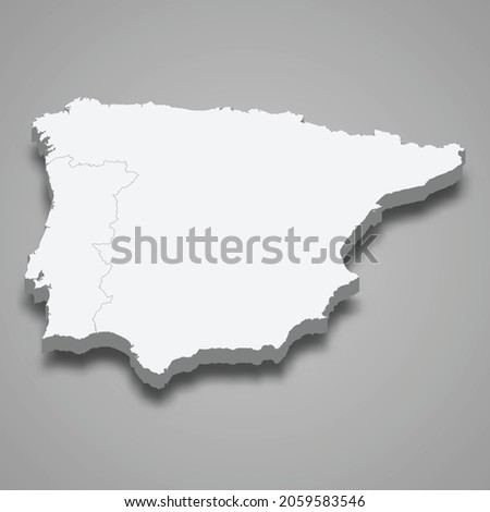 3d isometric map of Iberian Peninsula region, isolated with shadow vector illustration