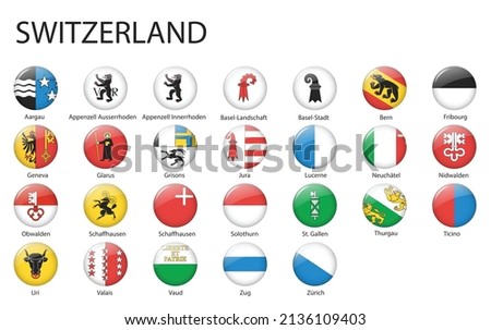 all Flags of regions of Switzerland. Glossy button flag design