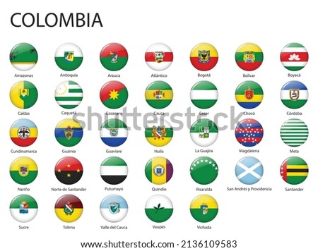 all Flags of regions of Colombia. Glossy button flag design