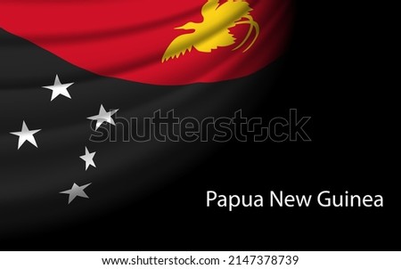 Wave flag of Papua New Guinea on dark background. Banner or ribbon vector template for independence day