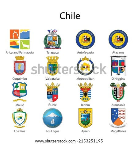 Set Coat of arms of the state of Chile, All Chilean regions emblem collection