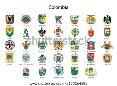 Set Coat of arms of the state of Colombia, All Colombian regions emblem collection