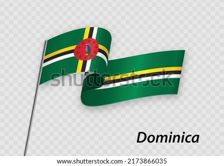 Waving flag of Dominica on flagpole. Template for independence day design