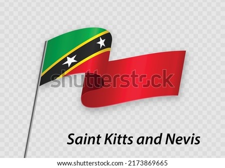 Waving flag of Saint Kitts and Nevis on flagpole. Template for independence day design