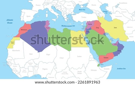 Political color map of MENA region with borders of the states. Middle East and North Africa
