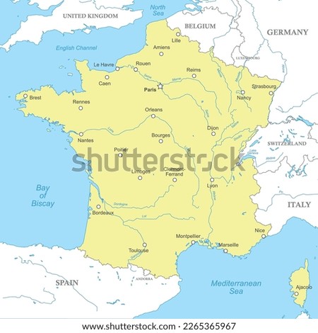 Political map of France with national borders, cities and rivers