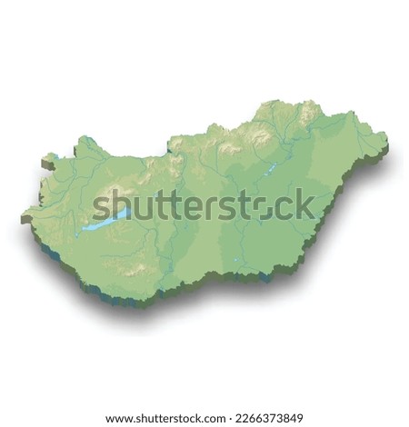 3d isometric relief map of Hungary with shadow 