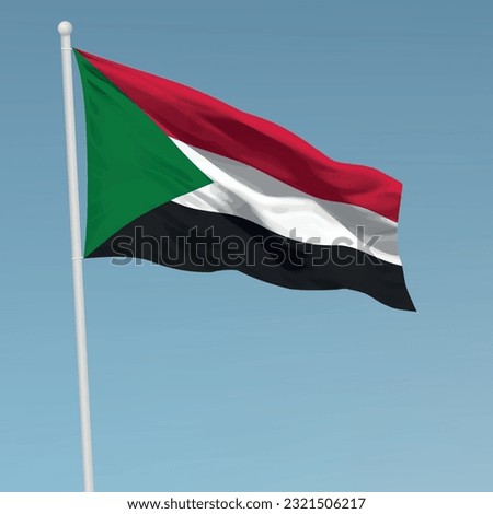 Waving flag of Sudan on flagpole. Template for independence day poster design