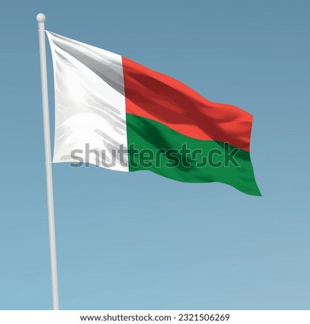 Waving flag of Madagascar on flagpole. Template for independence day poster design