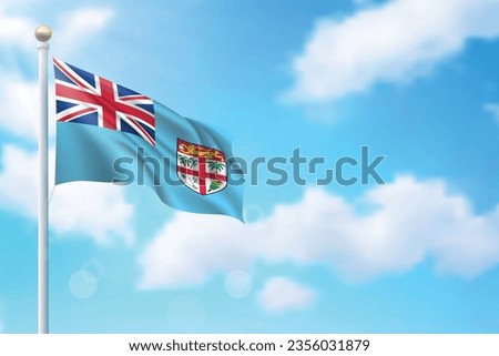 Waving flag of Fiji on sky background. Template for independence day poster design