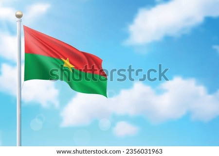 Waving flag of Burkina Faso on sky background. Template for independence day poster design