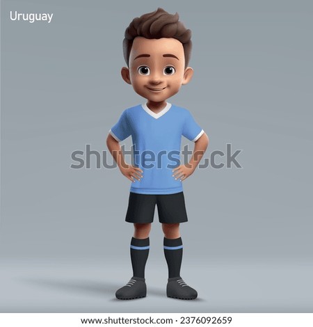 3d cartoon cute young soccer player in national team Uruguay kit. Football team jersey