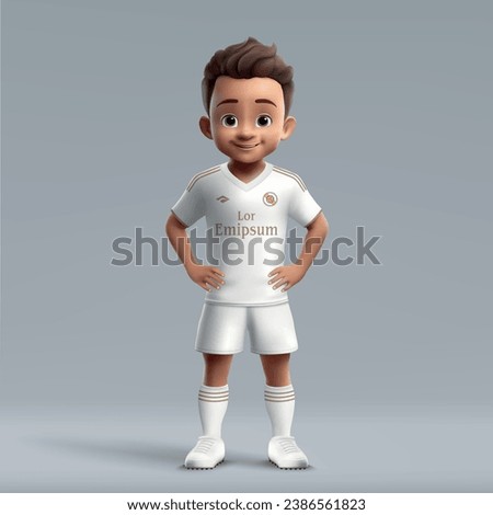 3d cartoon cute young soccer player in Real Madrid style uniform. Football team jersey