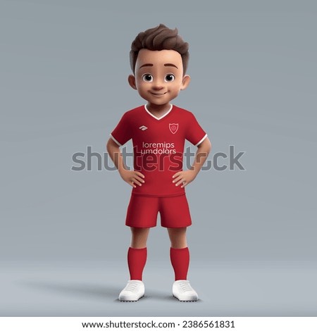 3d cartoon cute young soccer player in Liverpool style uniform. Football team jersey