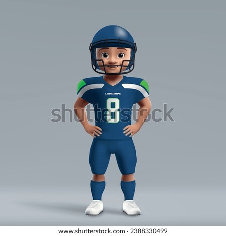3d cartoon cute young american football player in Seattle Seahawks uniform. Football team jersey