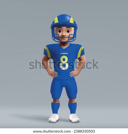 3d cartoon cute young american football player in Los Angeles Rams uniform. Football team jersey