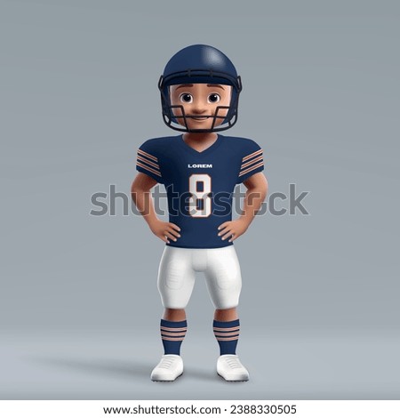 3d cartoon cute young american football player in Chicago Bears uniform. Football team jersey