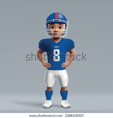 3d cartoon cute young american football player in New York Giants uniform. Football team jersey