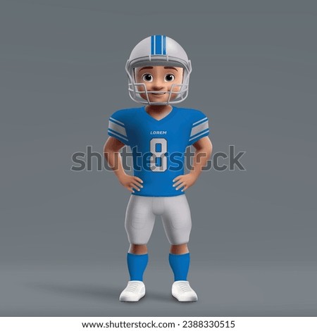 3d cartoon cute young american football player in Detroit Lions uniform. Football team jersey