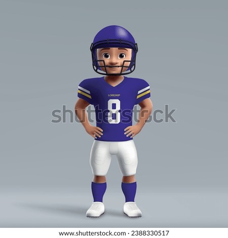 3d cartoon cute young american football player in Minnesota Vikings uniform. Football team jersey