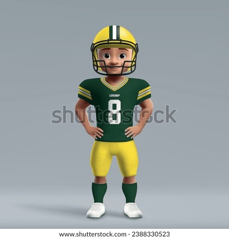 3d cartoon cute young american football player in Green Bay Packers uniform. Football team jersey
