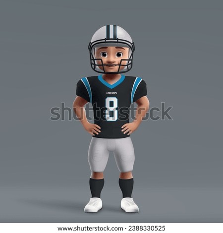 3d cartoon cute young american football player in Carolina Panthers uniform. Football team jersey