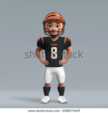 3d cartoon cute young american football player in Cincinnati Bengals uniform. Football team jersey