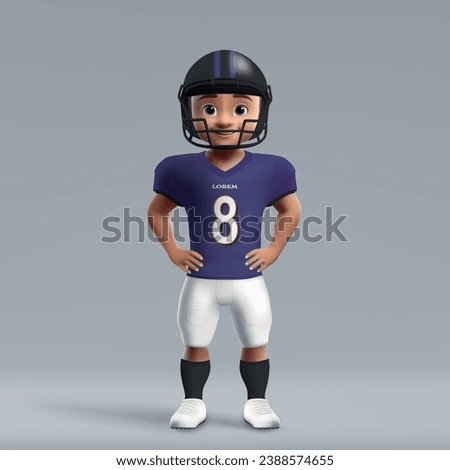 3d cartoon cute young american football player in Baltimore Ravens uniform. Football team jersey