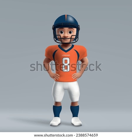 3d cartoon cute young american football player in Denver Broncos uniform. Football team jersey