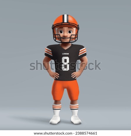 3d cartoon cute young american football player in Cleveland Browns uniform. Football team jersey