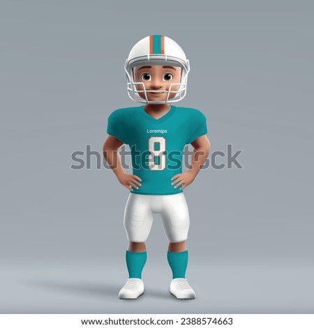 3d cartoon cute young american football player in Miami Dolphins uniform. Football team jersey