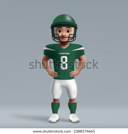 3d cartoon cute young american football player in New York Jets uniform. Football team jersey