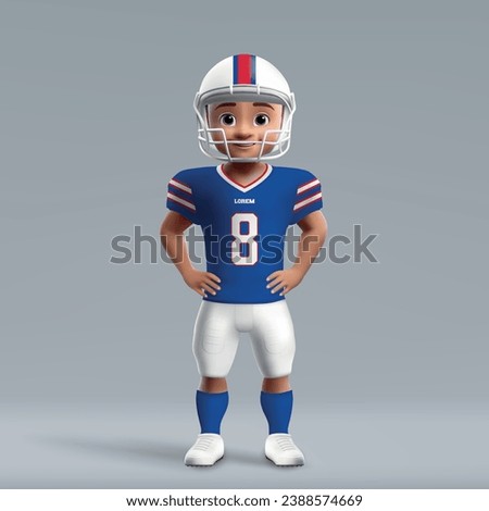 3d cartoon cute young american football player in Buffalo Bills uniform. Football team jersey