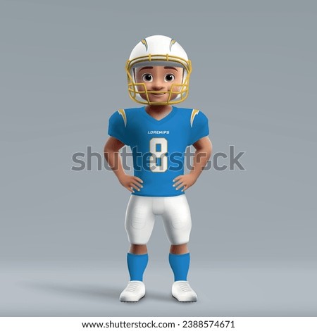 3d cartoon cute young american football player in Los Angeles Chargers uniform. Football team jersey