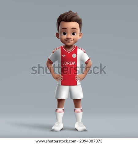 3d cartoon cute young soccer player in Ajax football uniform. Football team jersey