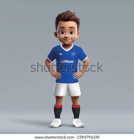 3d cartoon cute young soccer player in Rangers football uniform. Football team jersey