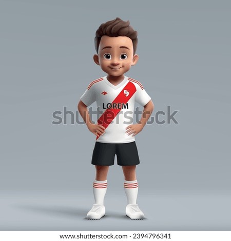 3d cartoon cute young soccer player in River Plate football uniform. Football team jersey